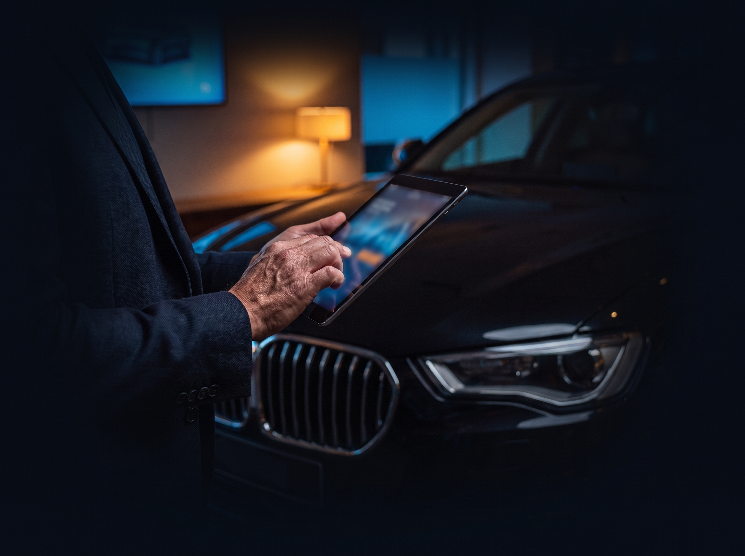 Consulente che utilizza un tablet davanti a un'auto in showroom