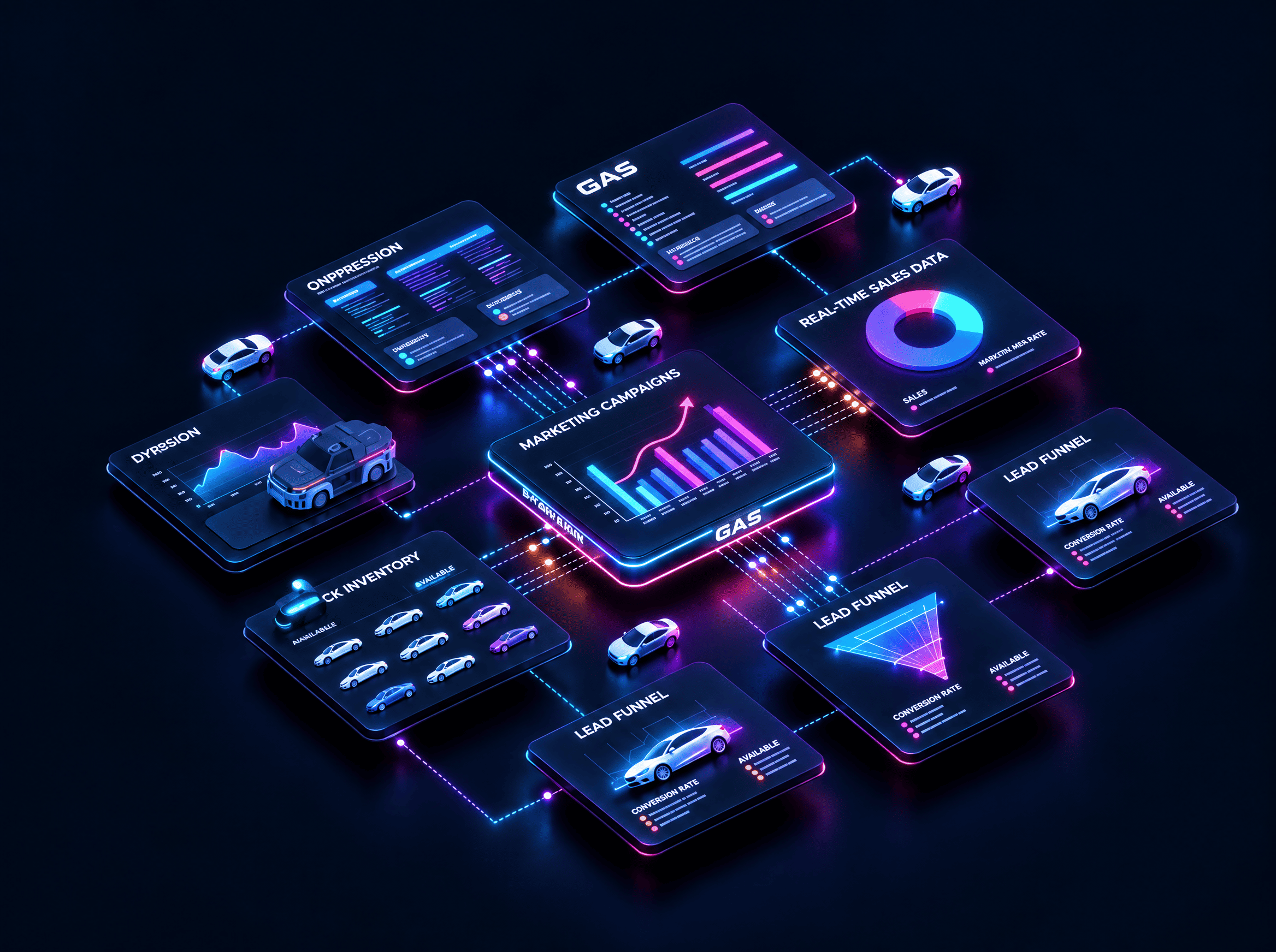 Ecosistema digitale per concessionarie: dashboard con dati, campagne marketing, funnel di lead e stock veicoli collegati in un unico sistema